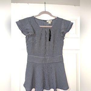 MONTEAU LOS ANGELES navy blue & white pinstripe peplum blouse